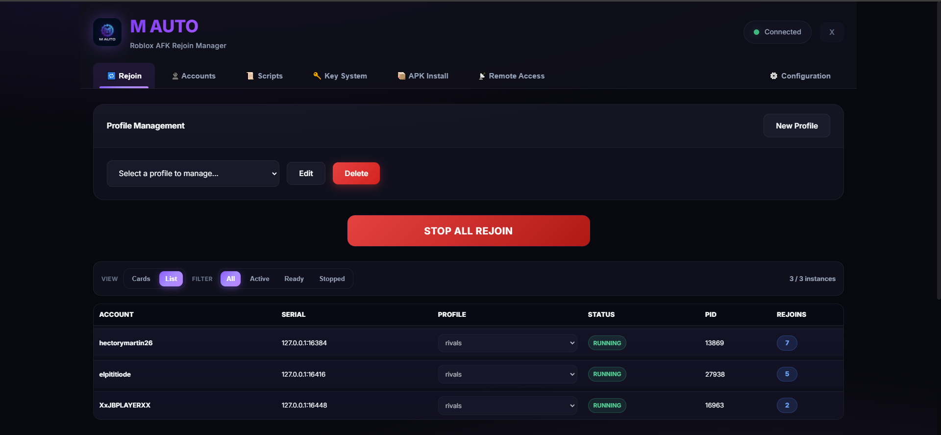 Connected emulator list and monitoring table