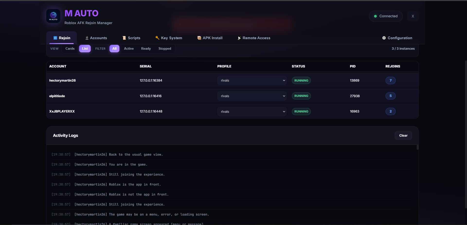 Monitoring logs and instance status during runtime