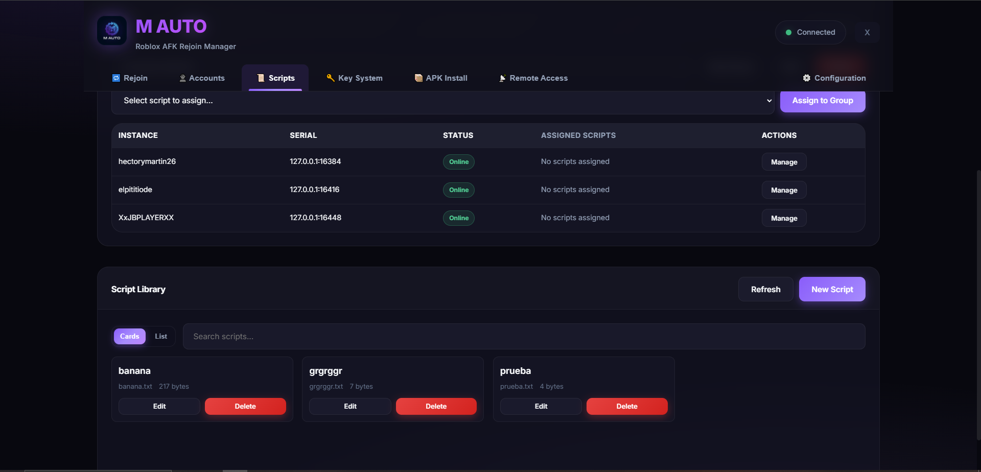 Scripts manager main view